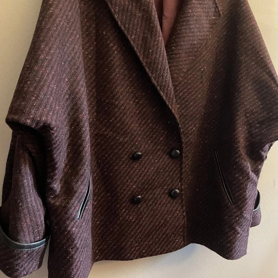 Vintage BHS Burgundy Wool Leather Trim Double-Breasted Cape Coat - photo 3