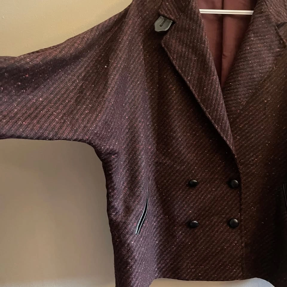 Vintage BHS Burgundy Wool Leather Trim Double-Breasted Cape Coat - photo 4