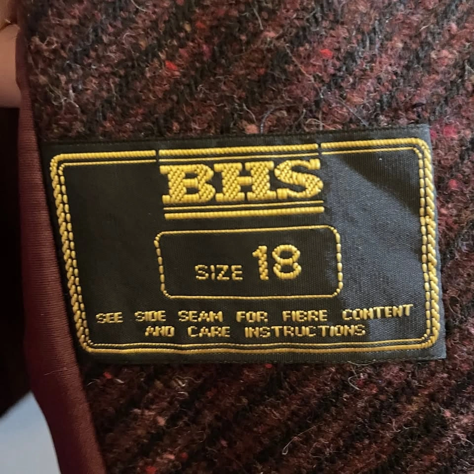 Vintage BHS Burgundy Wool Leather Trim Double-Breasted Cape Coat - photo 5