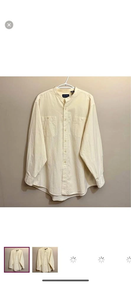 Vintage Lands End 100% Cotton Cream Mandarin Collar Button Up Sh