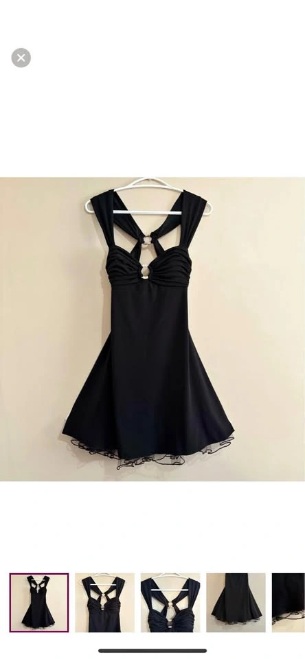 Y2K Black Backless V Cut Party Dress w Crinoline & Rhinestone