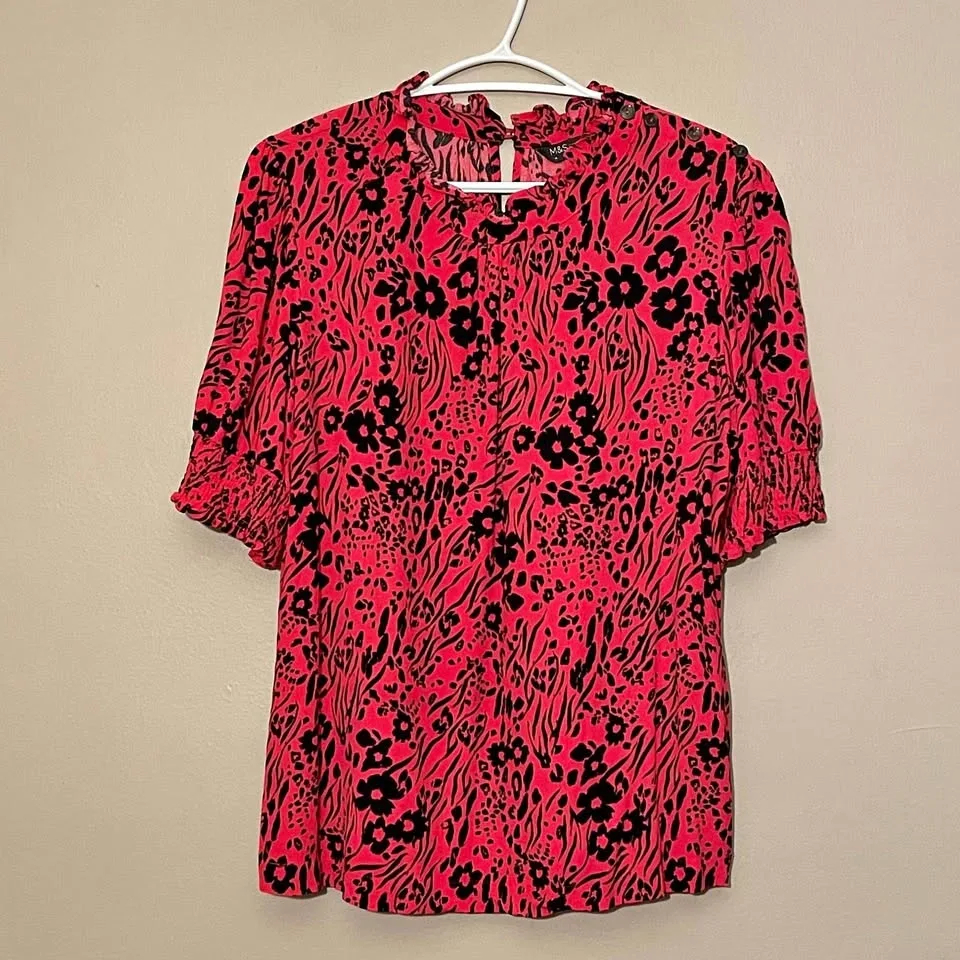 Marks & Spencer Pink & Black Floral Blouse w Ruffled Trim Size 1
