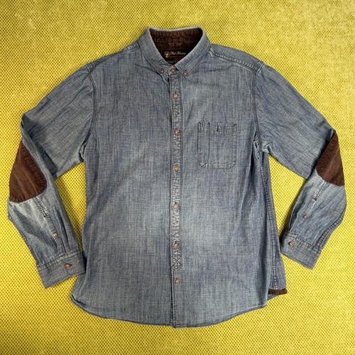 Red Herring Mens XL Blue Chambray Shirt Cotton Brown Elbow Patch