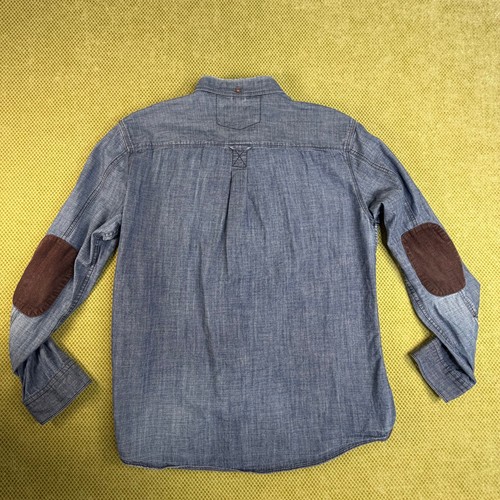 Red Herring Mens XL Blue Chambray Shirt Cotton Brown Elbow Patch - photo 2