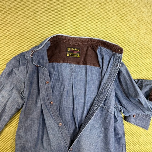 Red Herring Mens XL Blue Chambray Shirt Cotton Brown Elbow Patch - photo 4