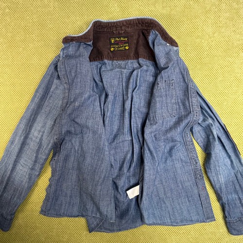 Red Herring Mens XL Blue Chambray Shirt Cotton Brown Elbow Patch - photo 5