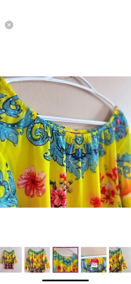Embellished Sheer Tropical Yellow Off Shoulder Dress - Medium - photo 3