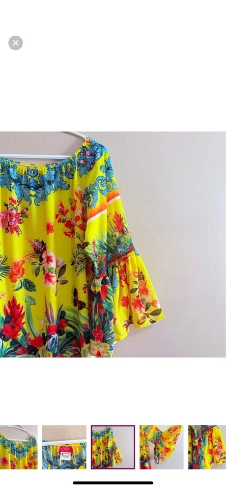 Embellished Sheer Tropical Yellow Off Shoulder Dress - Medium - photo 5
