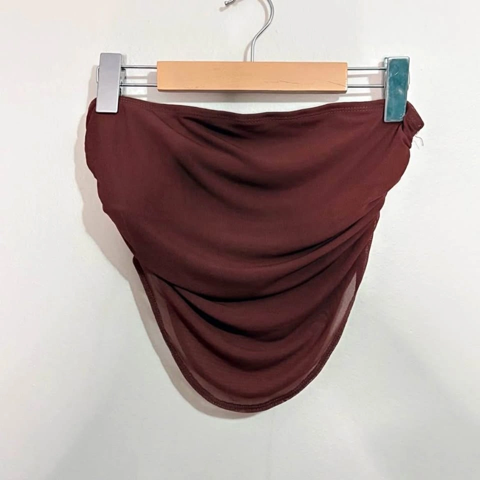 Chocolate Brown Sheer Mesh Draped Cropped Strapless Top - Size M