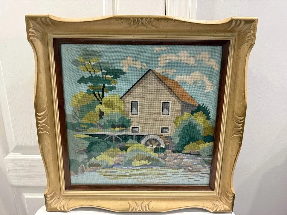 Vintage Framed Needlepoint Landscape Wall Art – 45 × 45 cm