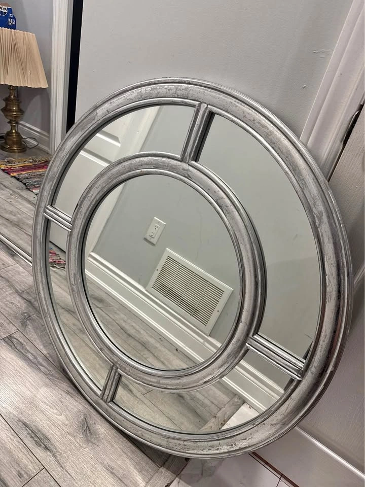 Round Silver Windowpane Wall Mirror