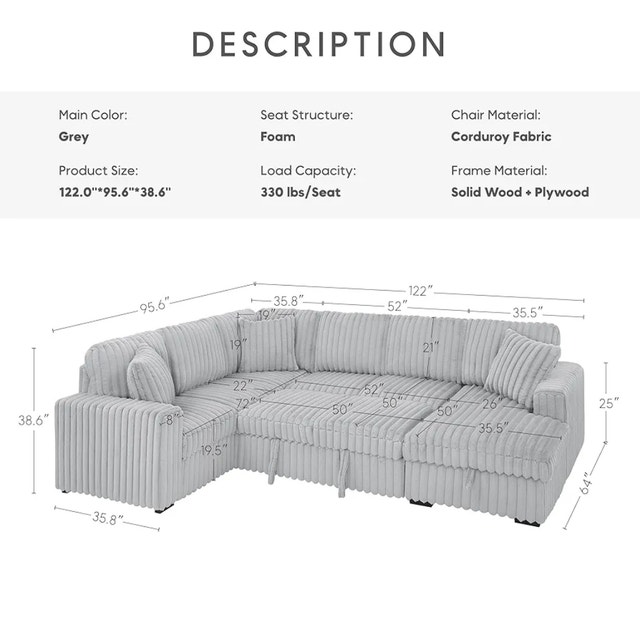 Sleeper Sofa Couch with Pullout Bed Furry Corduroy Sectional - photo 4