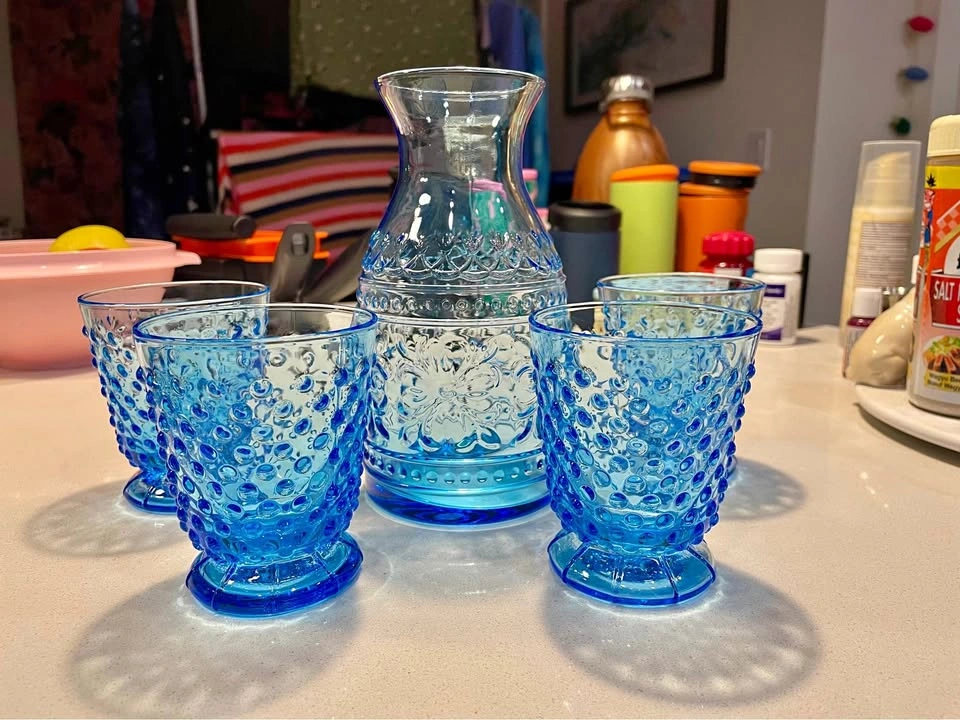 Blue Hobnail Glass Carafe and 4 Matching Glasses