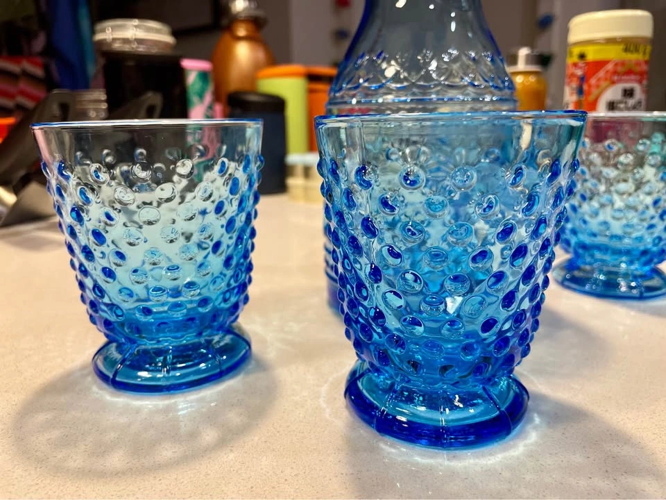 Blue Hobnail Glass Carafe and 4 Matching Glasses - photo 2
