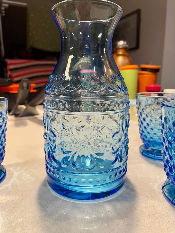 Blue Hobnail Glass Carafe and 4 Matching Glasses - photo 3