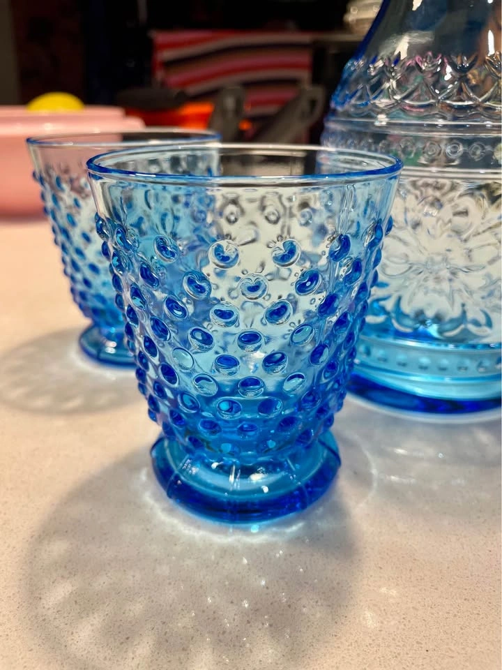 Blue Hobnail Glass Carafe and 4 Matching Glasses - photo 5