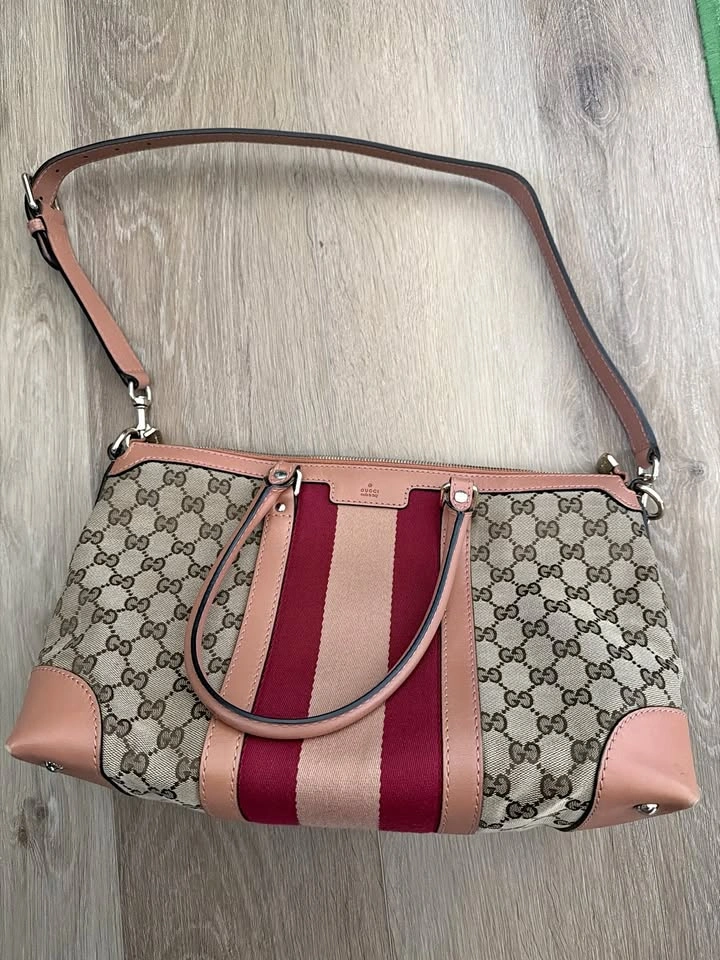 Gucci Boston Bag – GG Canvas, Pink Leather Trim & Web Stripe