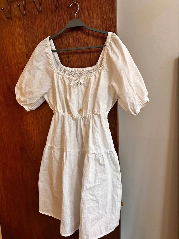 White Linen Blend Dress with Pockets