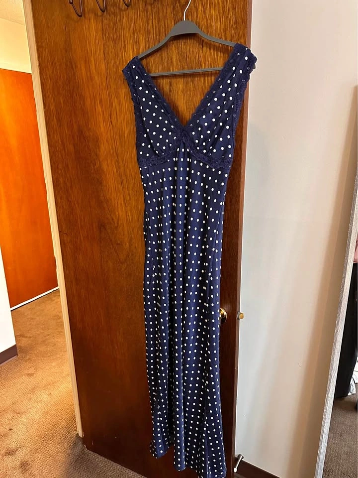 Navy Blue Polka Dot Maxi Dress with Lace Trim