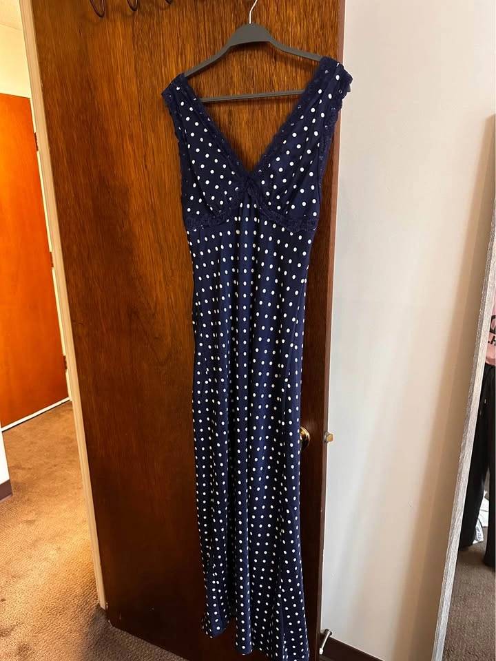 Navy Blue Polka Dot Maxi Dress with Lace Trim - photo 2