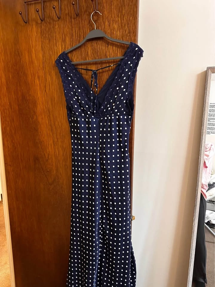 Navy Blue Polka Dot Maxi Dress with Lace Trim - photo 3