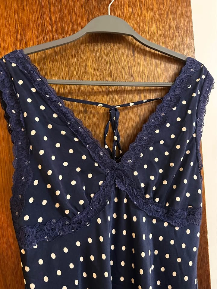 Navy Blue Polka Dot Maxi Dress with Lace Trim - photo 4