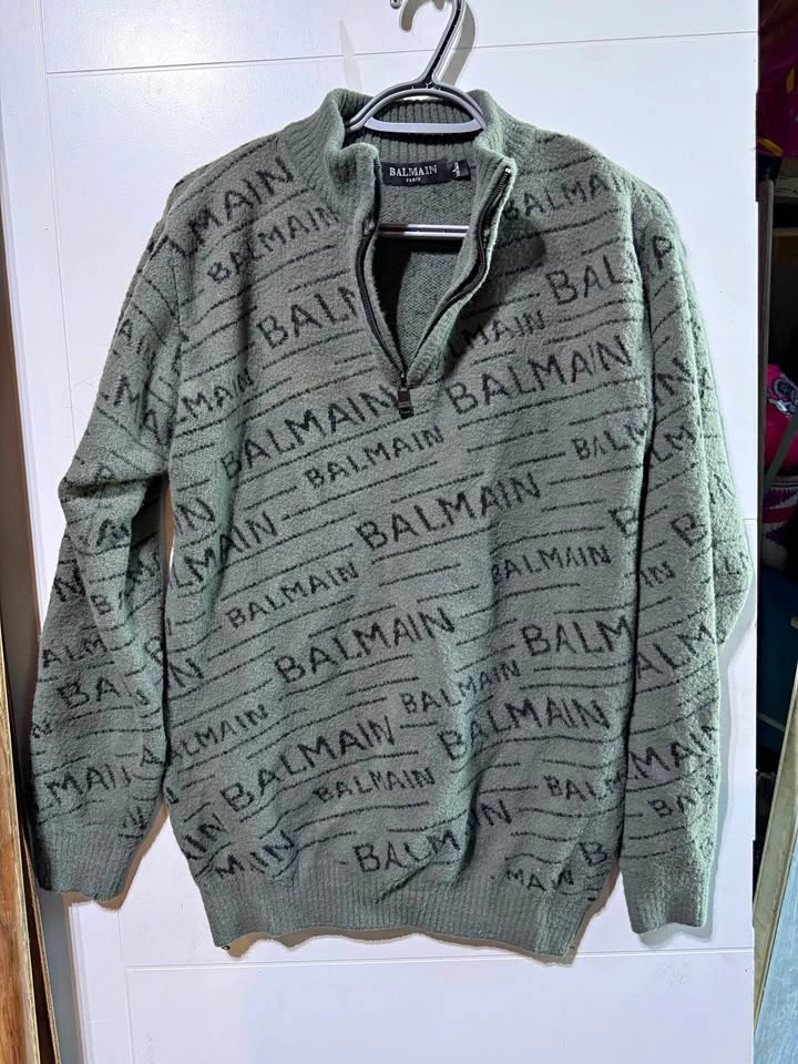 Balmain Paris Green Logo Knit Quarter-Zip Sweater – Size L