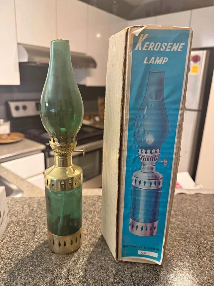 Vintage Green Glass Kerosene Lamp with Original Box