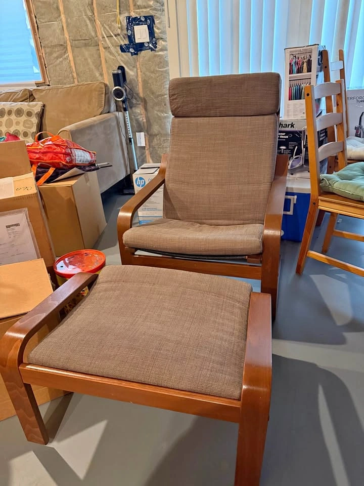 Brown Wooden Armchair with Ottoman – $75