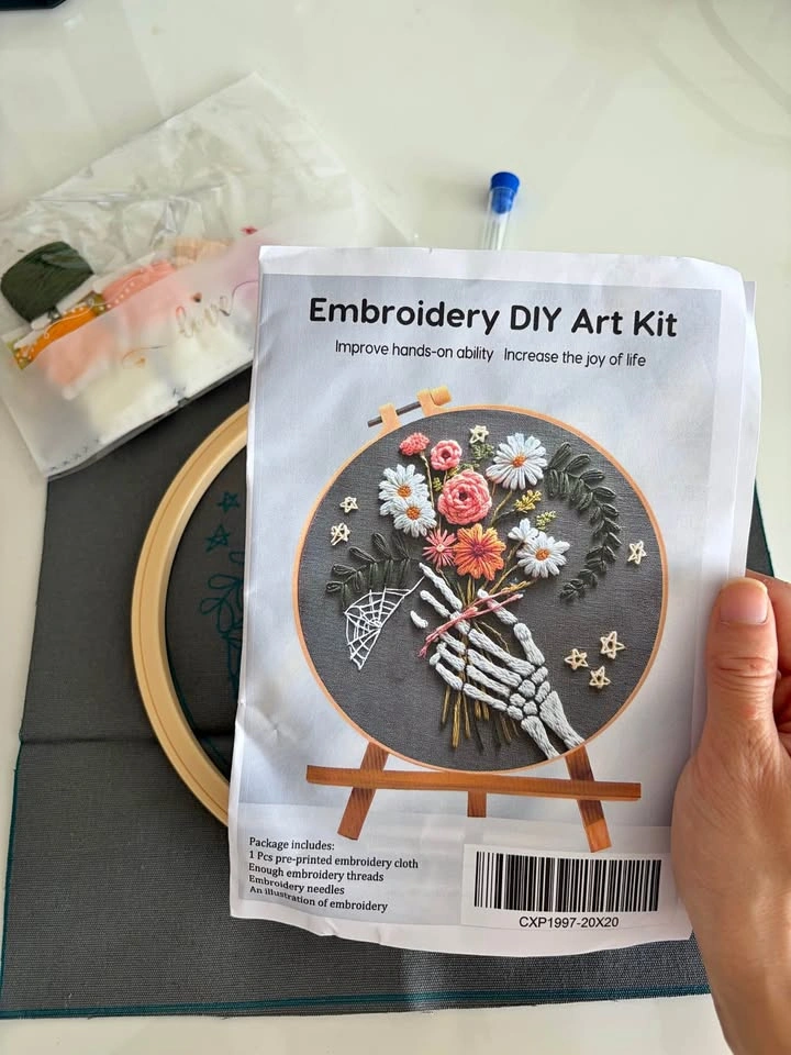 Embroidery DIY kit halloween skeleton hands and flowers