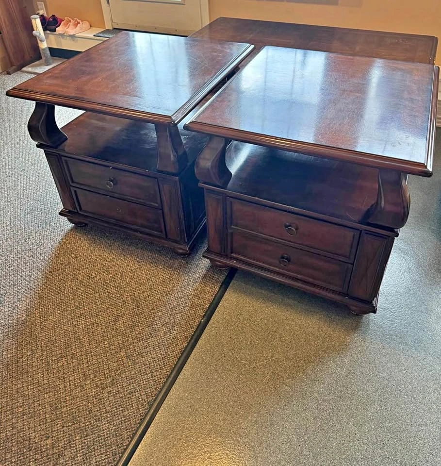 Pair of Dark Wood End Tables with Drawers