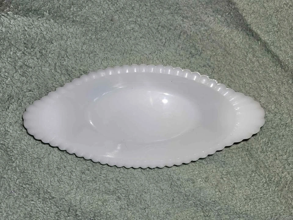 Vintage Milk Glass Scalloped Hobnail Oval Dish