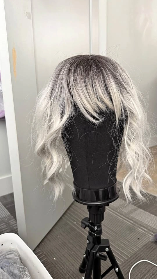 Platinum ombre wavy wig with bangs