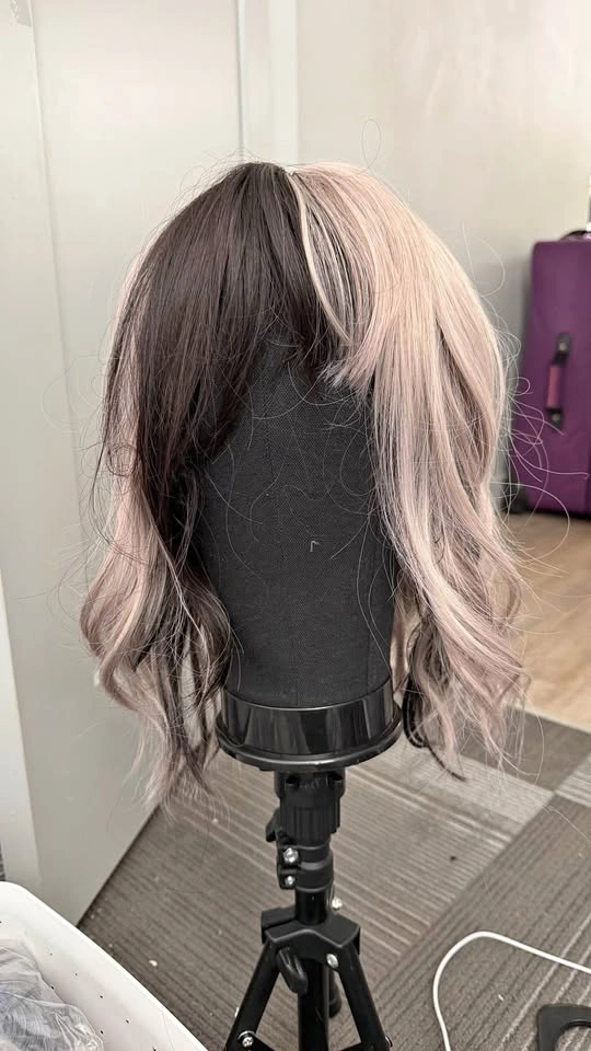 Ash Pinkish Blonde Mixed Black Wavy Synthetic Hair Wig