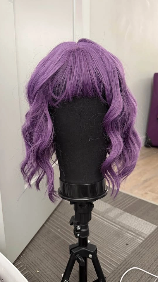 Purple wavy bob wig with bangs - photo 4