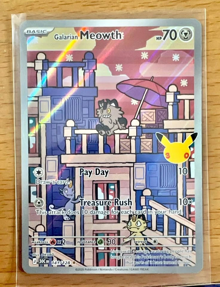 Pokemon 30th Anniversary Galarian Meowth 141/128 Illus Rare