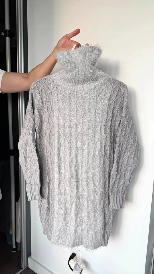 Grey Cable Knit Turtleneck Sweater