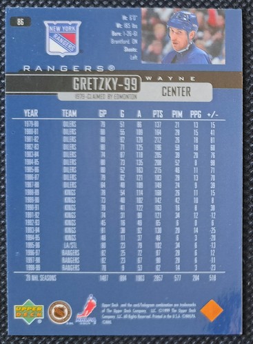 1999 Upper Deck Card # 86 Wayne Gretzky NYR - photo 2