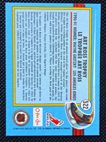 1991-92 O-Pee-Chee Wayne Gretzky Art Ross Trophy Card #522 - photo 2