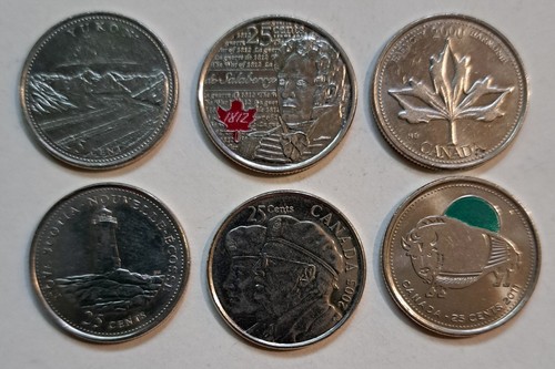 6 Collectible Canadian Quarters - YK, NS, Harmony, Veterans, 181