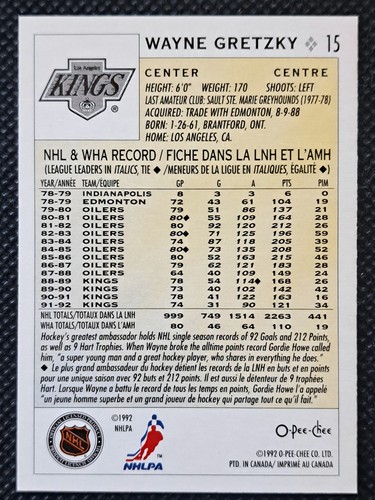 1992-93 O-Pee-Chee Wayne Gretzky Card #15 Los Angeles Kings - photo 2