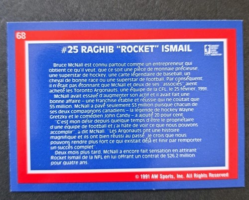 Raghib Rocket Ismail - 1991 CFL Toronto Argonauts Card # 68 - photo 2