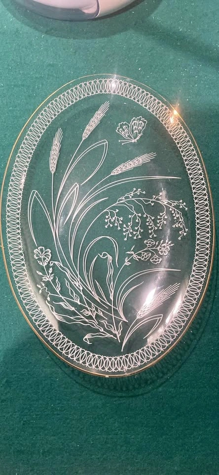 Oval Glass Dish with Gold Trim, Wheat & Butterfly Design