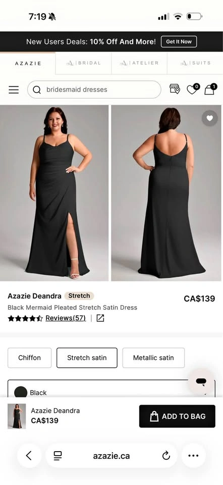 Azazie Deandra Black Satin Bridesmaid Dress – A26 – Brand New