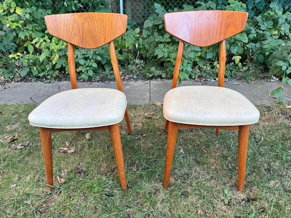 Pair of Mid-Century Modern Teak Dining Chairs, Cream Vinyl Seats