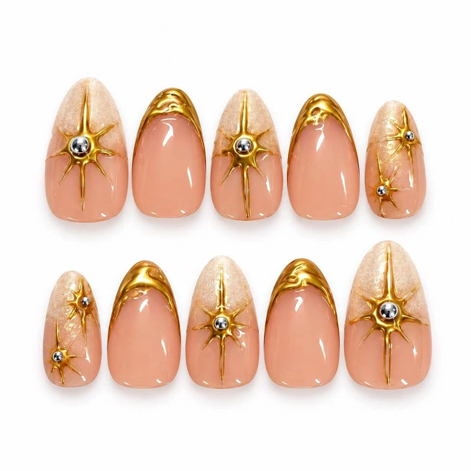 Handmade Almond Press On Nails, Nude Gold Celestial Nails