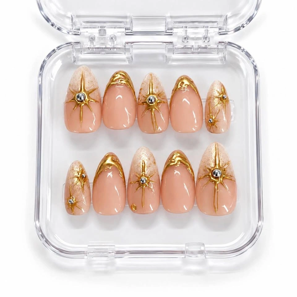 Handmade Almond Press On Nails, Nude Gold Celestial Nails - photo 2