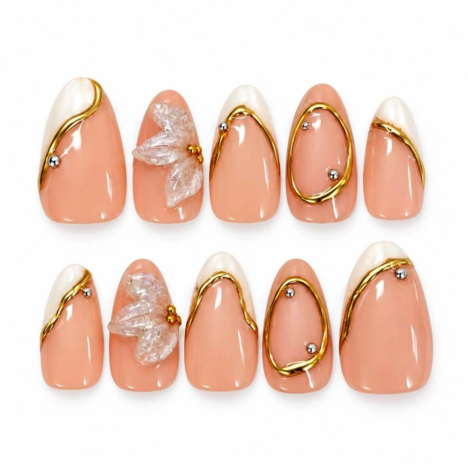 Handmade Almond Press On Nails, Nude White Gold Floral Set