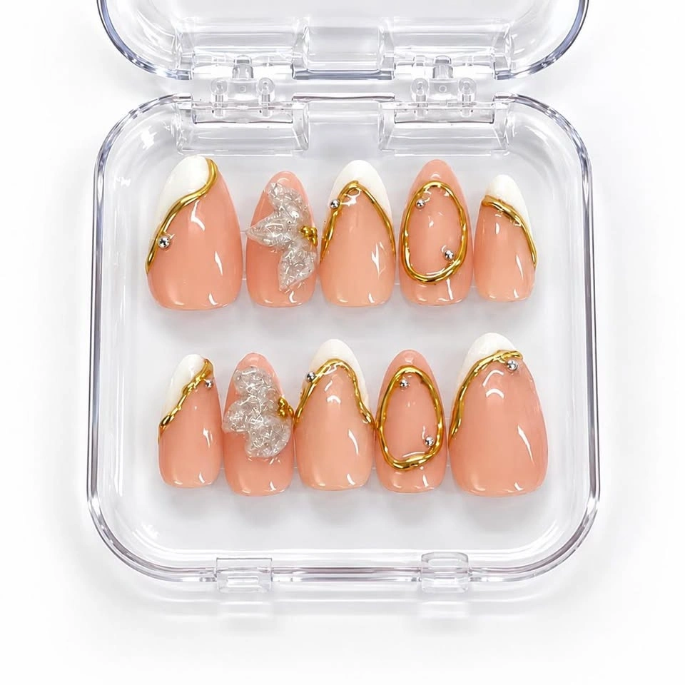 Handmade Almond Press On Nails, Nude White Gold Floral Set - photo 2