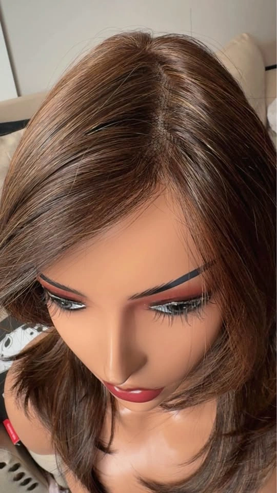 Layered Brunette Lace Front Wig with Highlights - photo 3